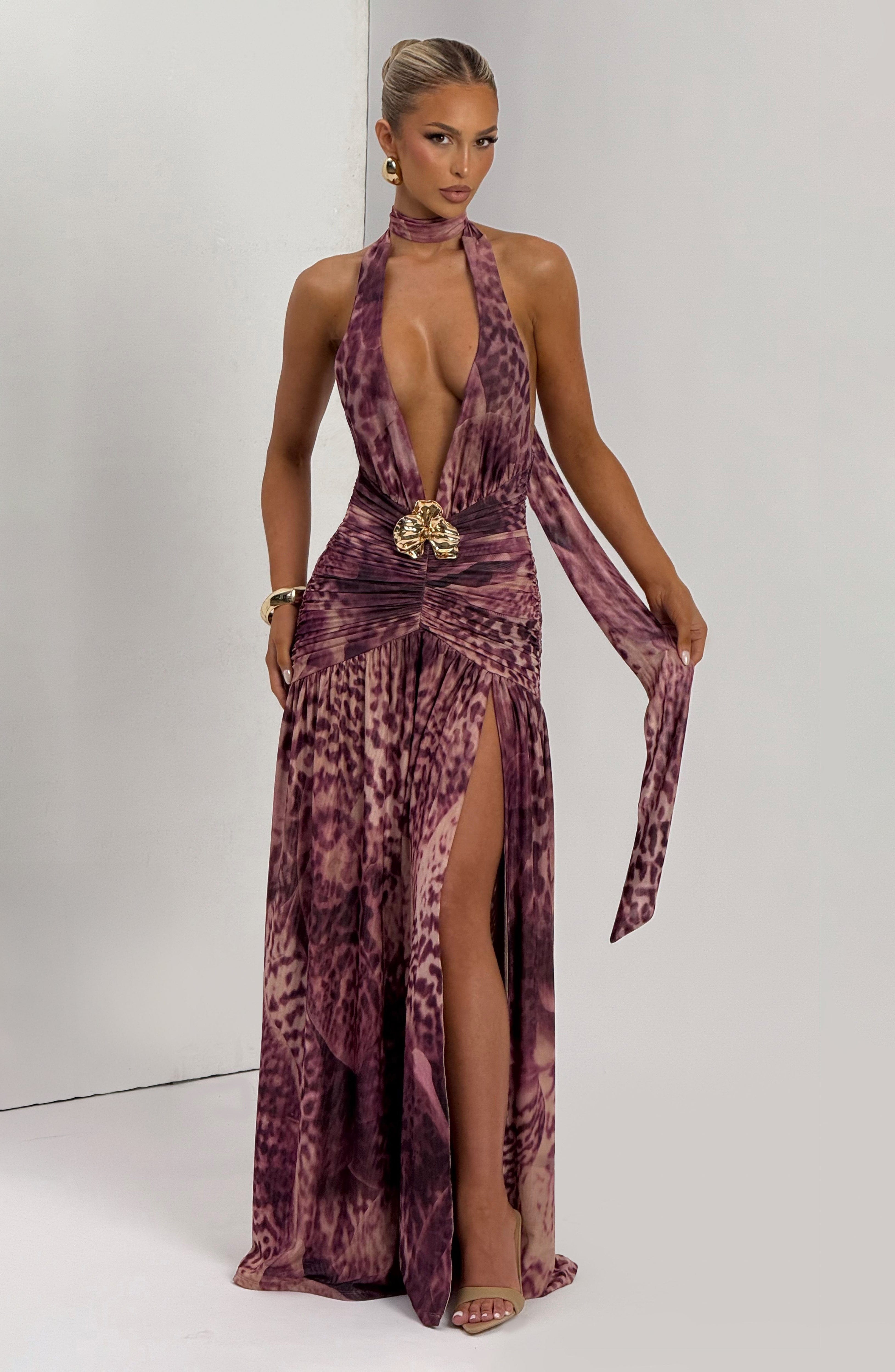 Melania Maxi Dress - Magenta Orchid Print Dress Babyboo Fashion Premium Exclusive Design
